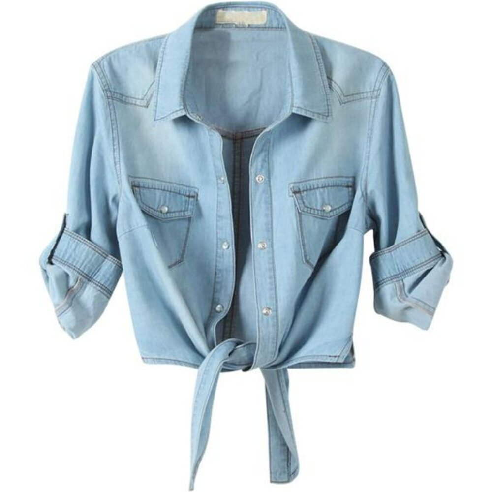 Womens Chambray Tie Front Crop Top Denim Shirt 34 Sleeve Button Down